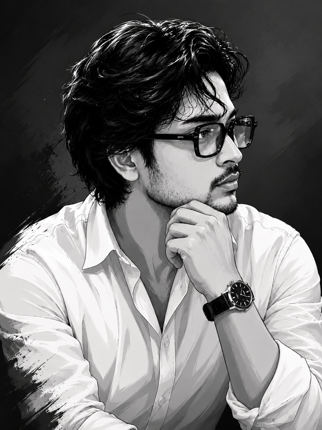 Ahmed Neer in a cinematic black and white portrait with glasses, resting his chin on his hand